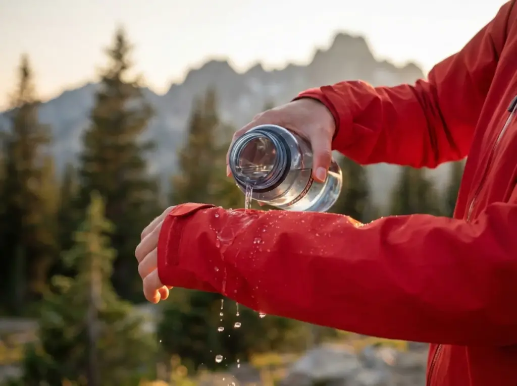 Hiker testing DWR water beading on rain jacket sleeve before trail