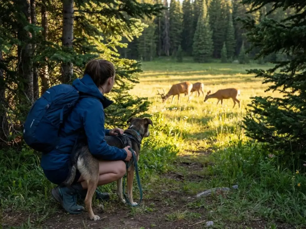 Hiker keeping leashed dog calm while deer graze undisturbed in mountain meadow