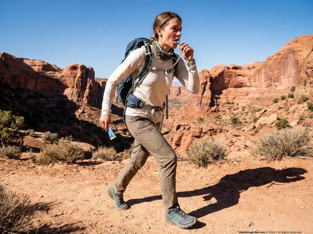 Hiker drinking electrolyte mix from Osprey hydration pack on high desert trail, understanding mold risks