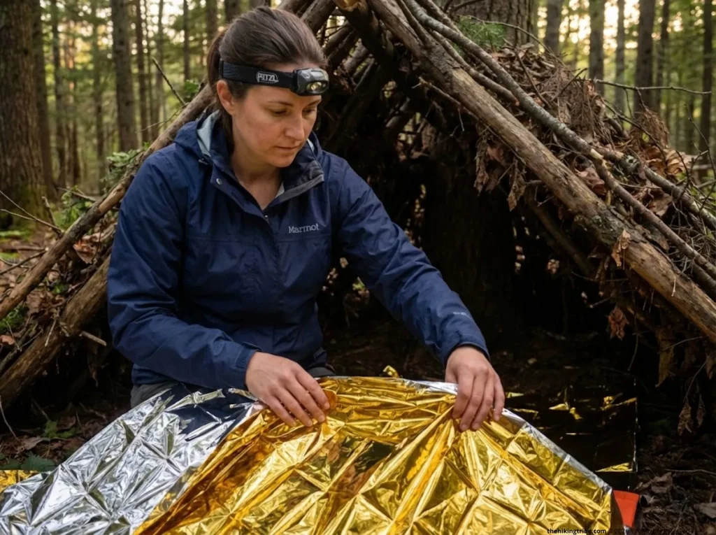 Hiker installing a Mylar emergency blanket inside a debris hut shelter entrance at dusk in the Adirondacks