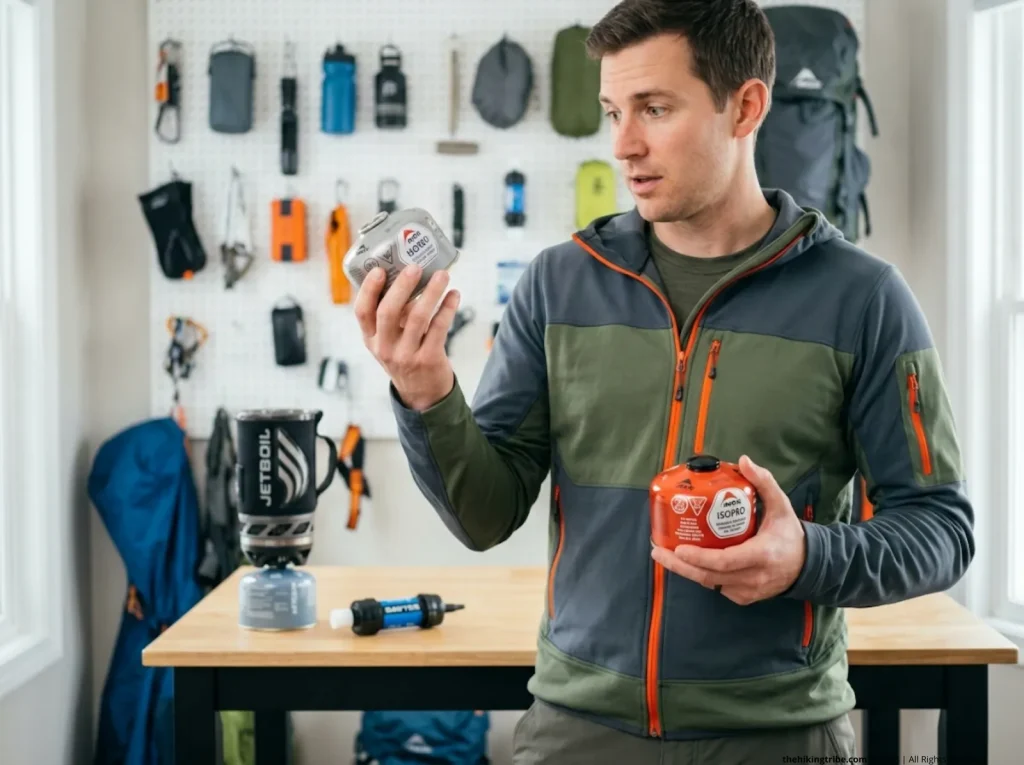 Hiker holding empty and full MSR fuel canisters learning that empty containers count in base weight  