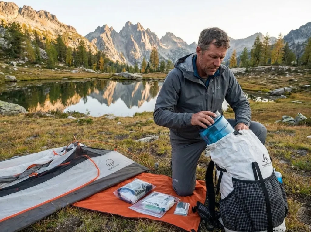 Male hiker packing BearVault canister and WAG bag kit in Enchantments Core Zone alpine meadow for permit compliance