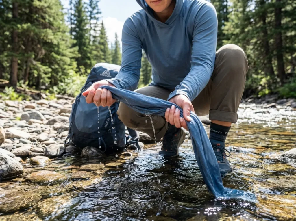 Hiker soaks lightweight sun hoodie in a mountain stream for evaporative cooling on hot trail