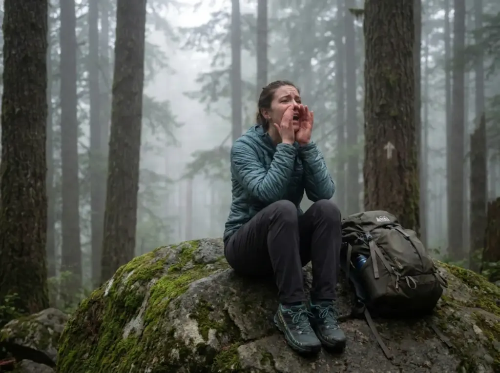 Exhausted hiker trying to shout for help in dense foggy forest
