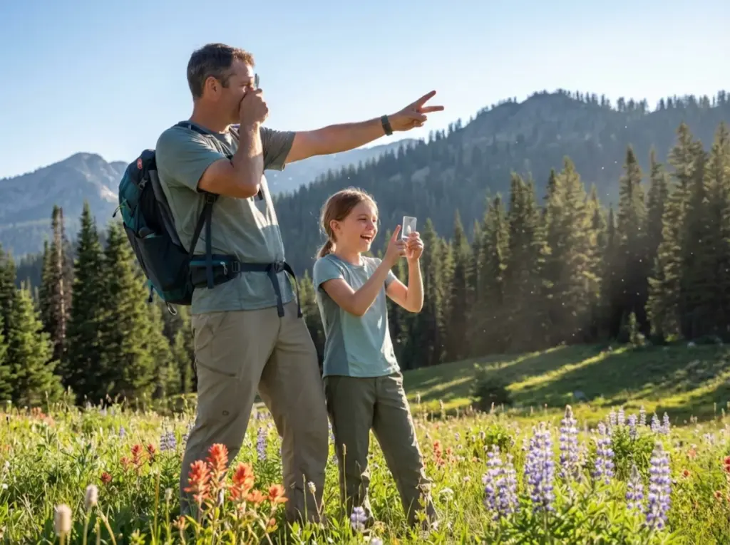 Father and daughter practicing signal mirror technique in a sunny mountain meadow