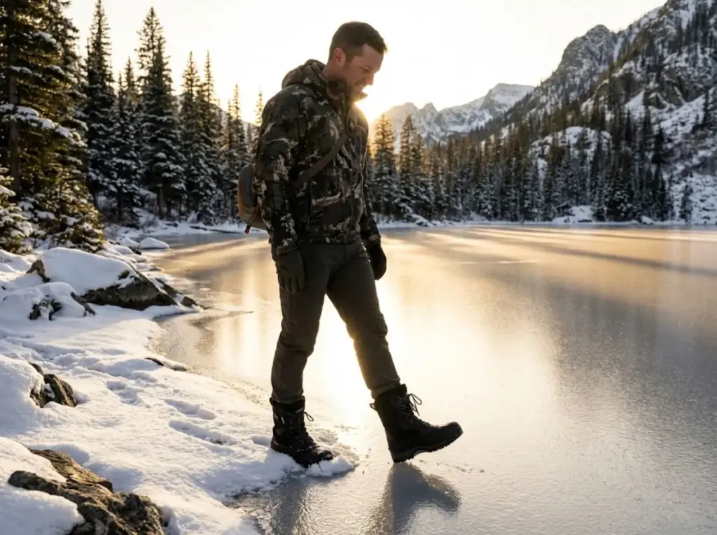 Outdoorsman testing insulated crossover boots at shoreline ice transition on frozen mountain lake