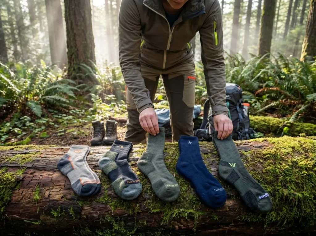 Five hiking sock heights from ankle to knee-high arranged on forest log for comparison