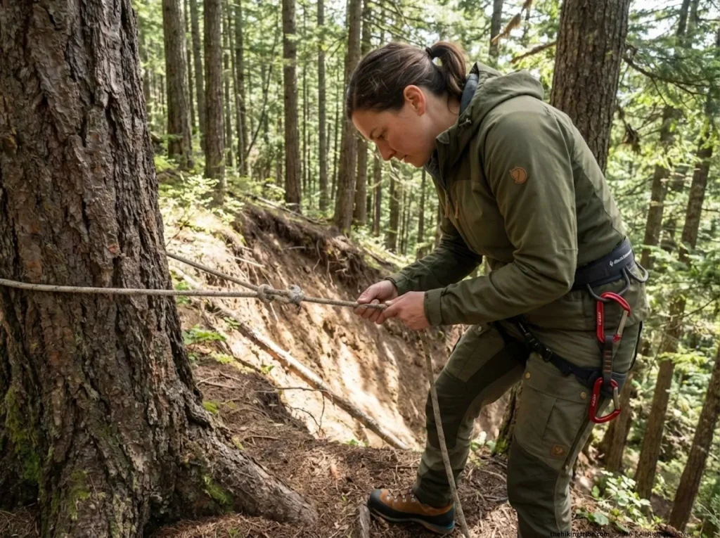 Hiker carefully inspecting fixed rope anchor condition before committing weight on eroded trail, safety check before traversing