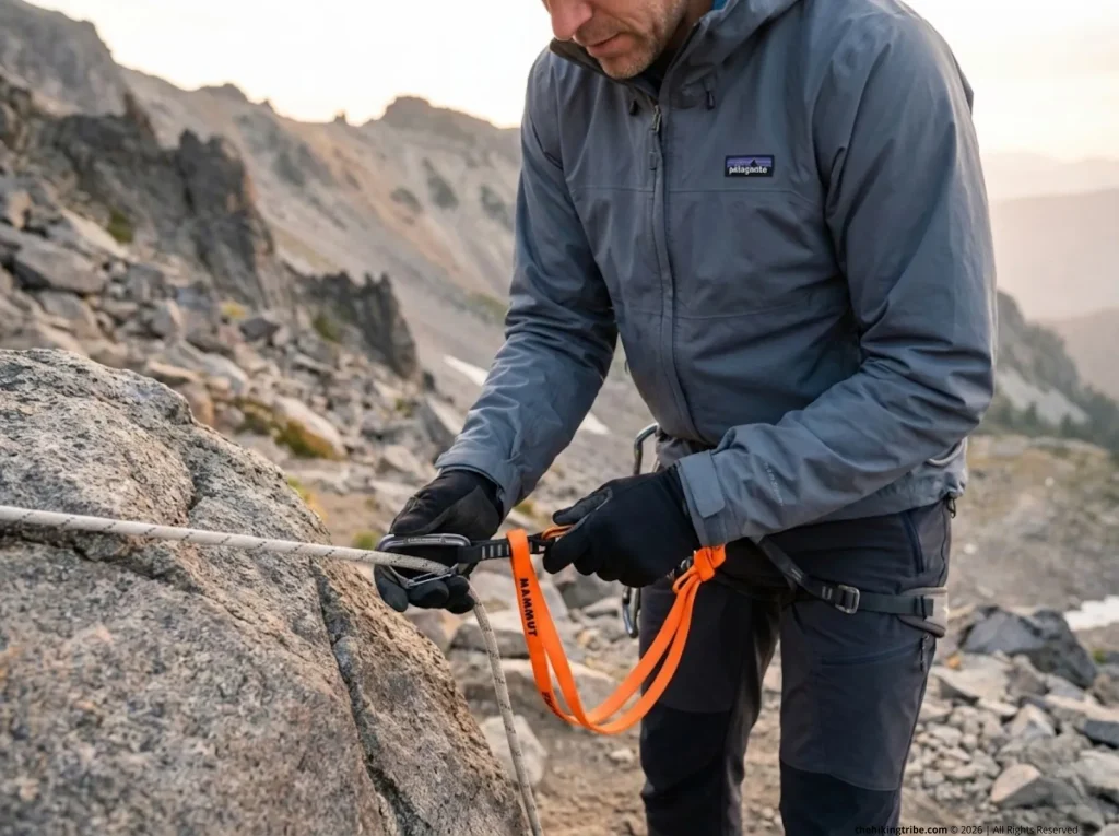 Hiker clipping quickdraw to fixed rope with safety sling backup, showing proper two-point attachment system for ridge traverse