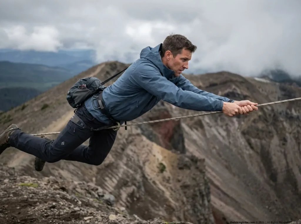 Hiker using fixed rope hand over hand technique on alpine ridge, horizontal body position with pack towed behind