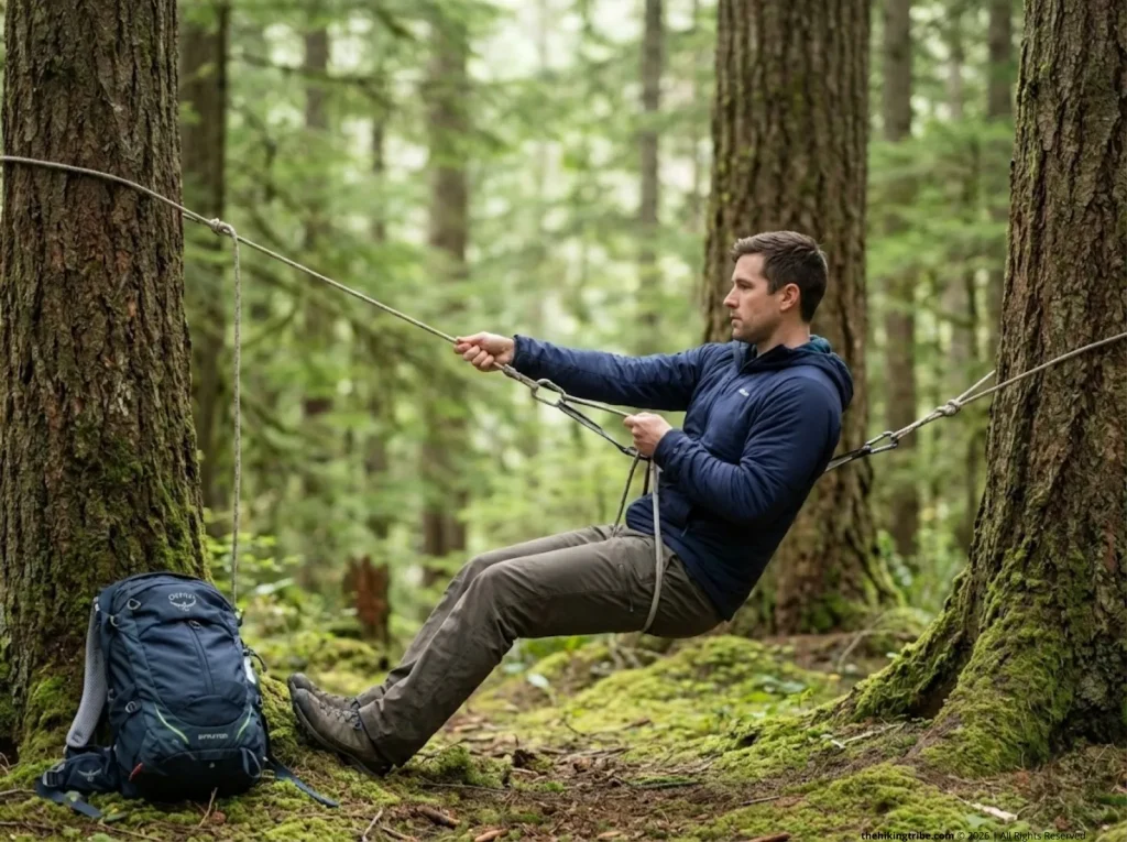 Male hiker practicing fixed rope hand over hand core technique on low ground training rope between trees, building muscle memory