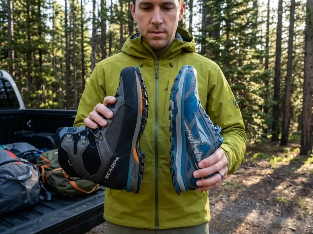 Hiker comparing stiff mountaineering boot and flexible trail runner stiffness differences