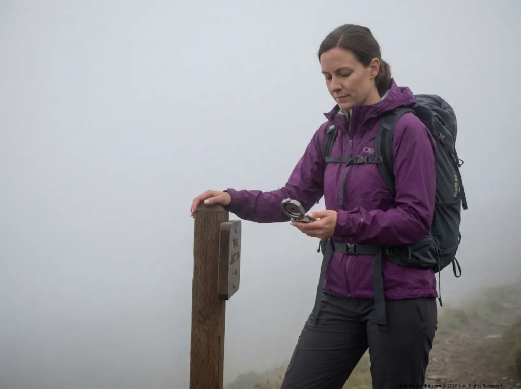 Hiker at foggy trail junction using terrain association instead of compass when visibility fails