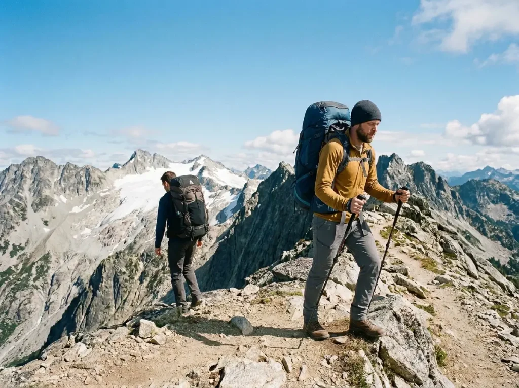 Hiker carrying a loaded framed backpack on an exposed alpine trail where load lifters matter most