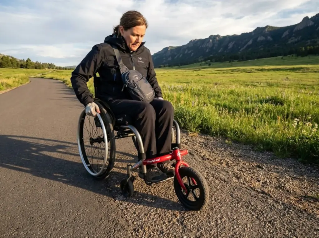 Adaptive hiker with FreeWheel attachment assessing trail surface transition