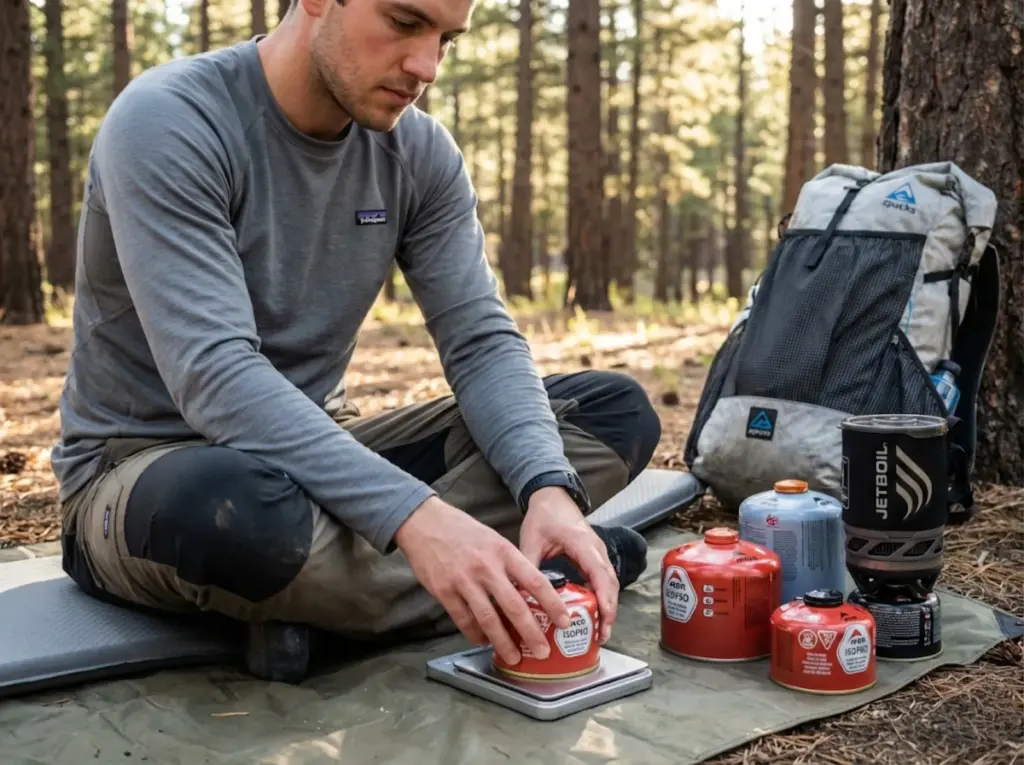 Thru-hiker weighing fuel canisters with digital scale at forest campsite