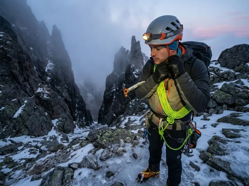 Mountaineer racking climbing gear and helmet before couloir crossing with saddlebagged rope