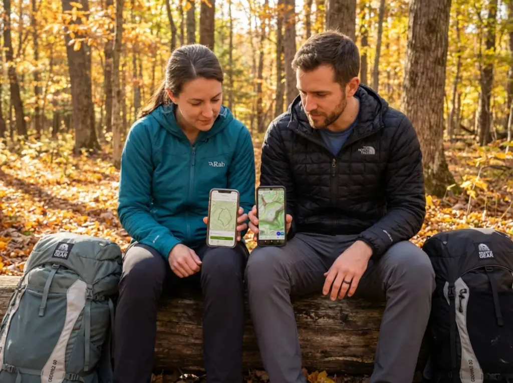 Hiking partners comparing GPS app battery usage on different smartphones during trail break