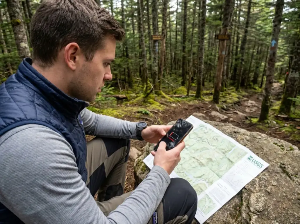 Hiker checking dying smartphone battery while consulting backup paper map on forest trail