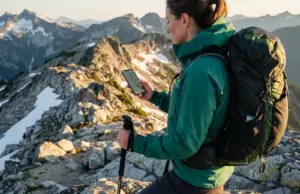 How to Record GPS Tracks All Day Without Killing Your Battery Hiker checking GPS track recording on smartphone during alpine ridge traverse, golden hour lighting