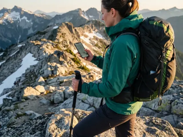 gps-track-recording-battery-optimization-alpine-hiker Hiker checking GPS track recording on smartphone during alpine ridge traverse, golden hour lighting