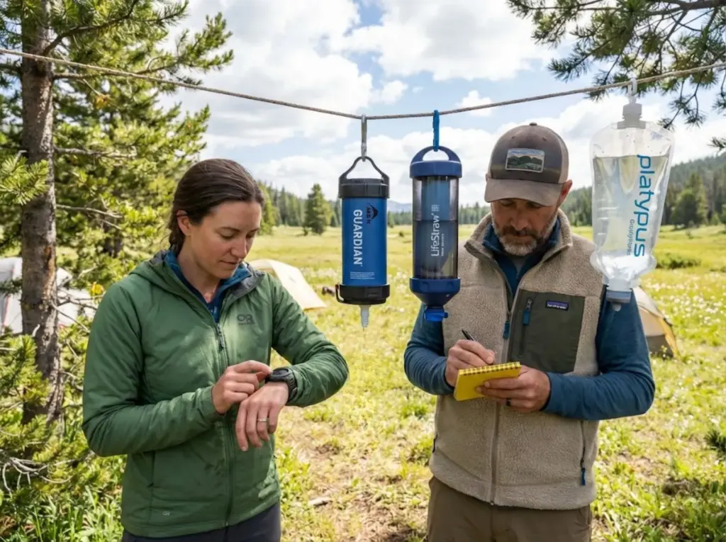 Two hikers testing gravity water filter flow rates at backcountry basecamp with multiple