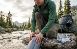 Best Gravity Water Filters After 6 Months of Hard Use Hiker filling Platypus GravityWorks gravity water filter from alpine stream at golden hour