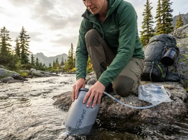 gravity-water-filter-alpine-stream-filling Hiker filling Platypus GravityWorks gravity water filter from alpine stream at golden hour