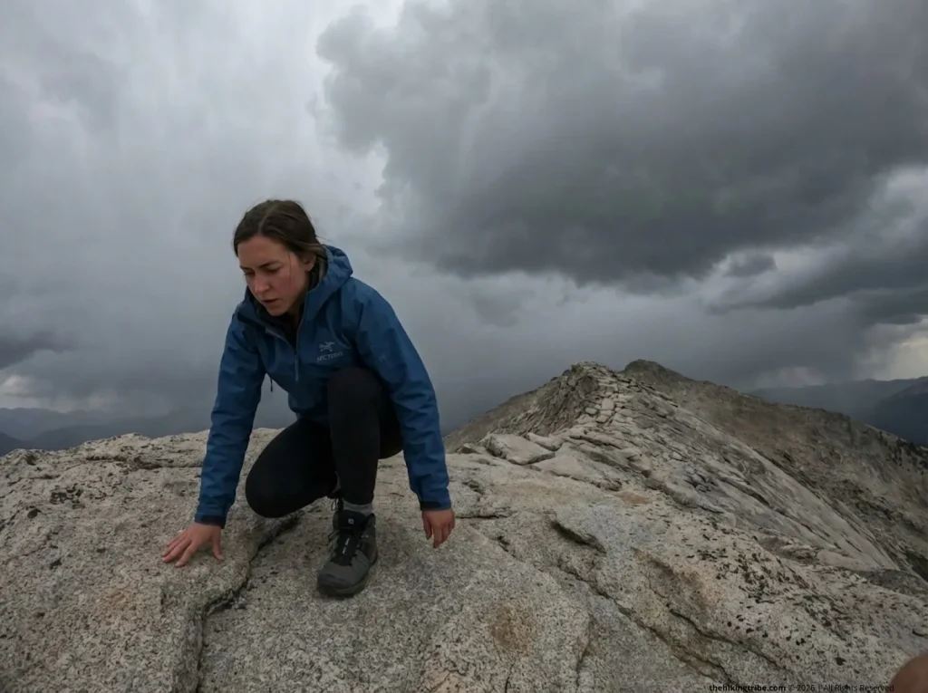 Female hiker crouches on granite slab above treeline, visualizing ground current risk during approaching storm