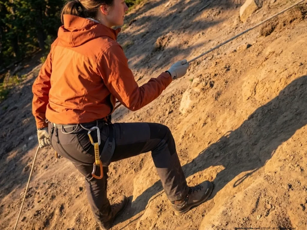  Female hiker performing hand over hand technique on fixed rope handline on eroded volcanic trail, proper form with core engaged