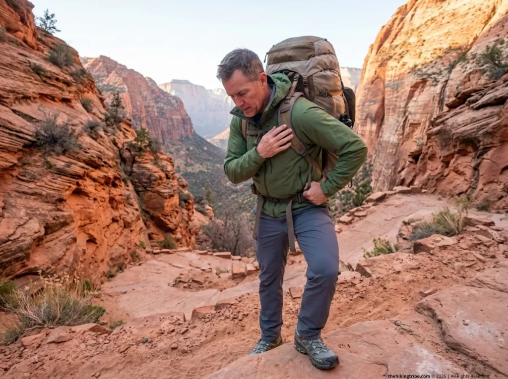 Hiker adjusting load lifter straps on heavy day-one pack weight climbing Zion switchback trail 