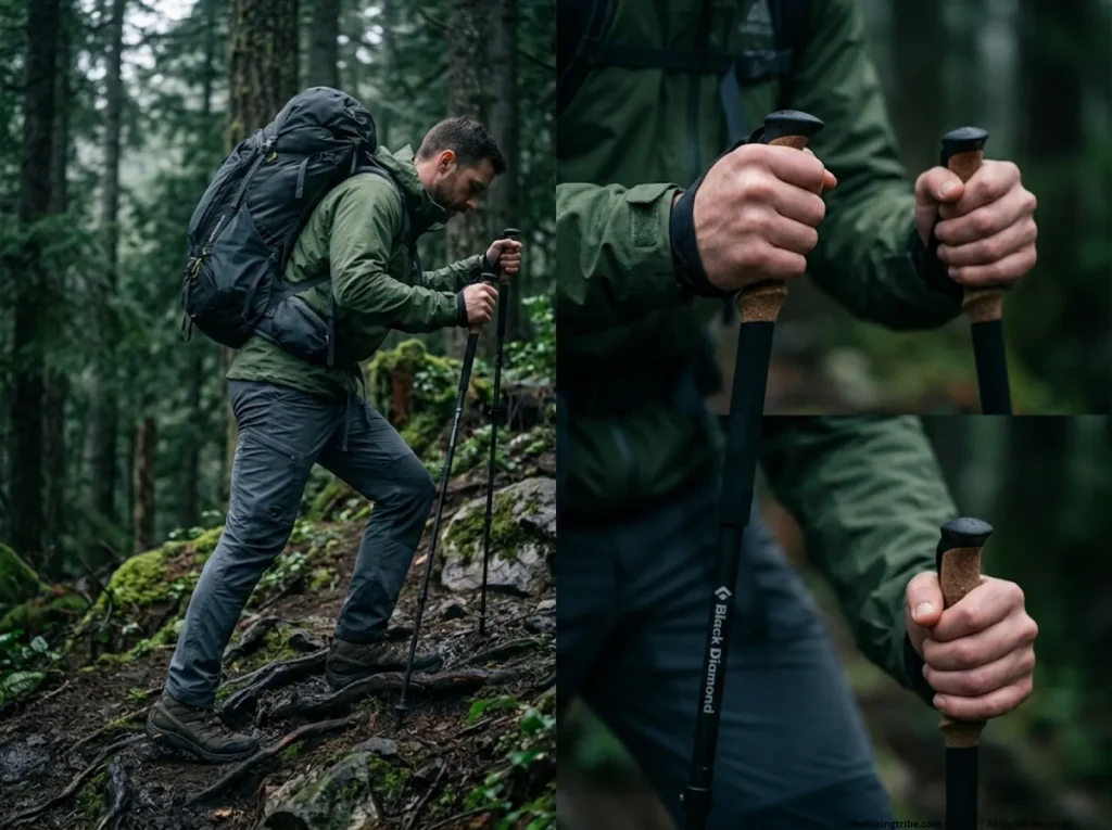 Hiker struggling uphill under heavy Gregory Baltoro pack on steep rooted trail — pack weight on trail difficulty      