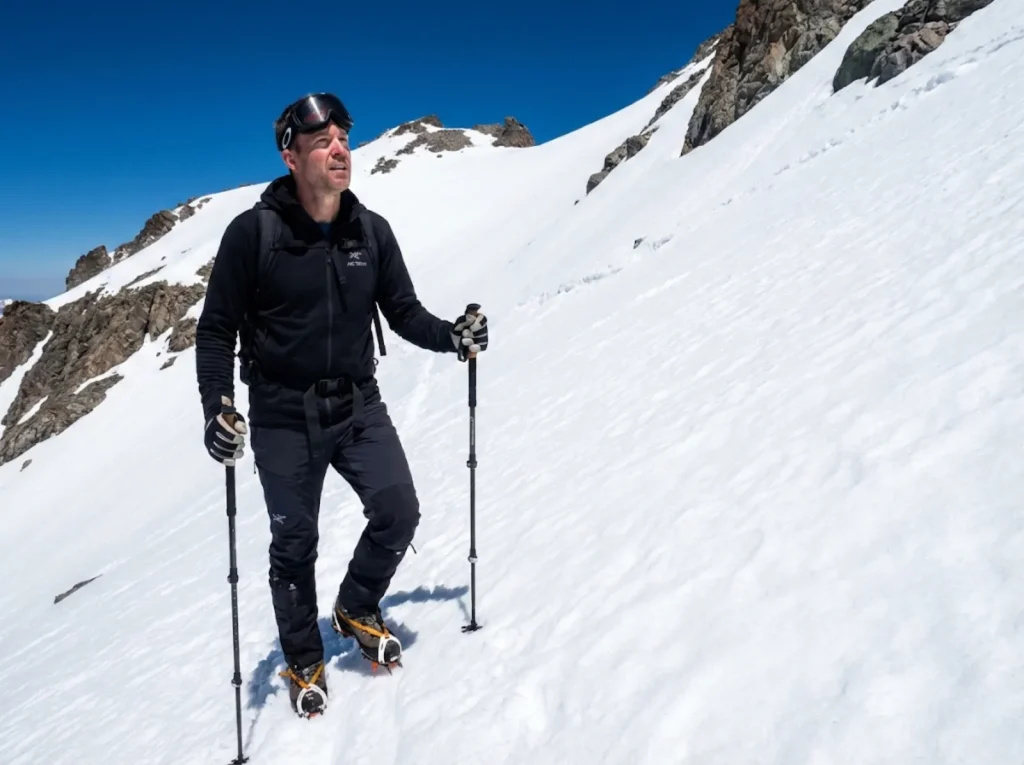Mountaineer in dark sun hoodie ascends alpine snowfield with intense UV reflection at altitude