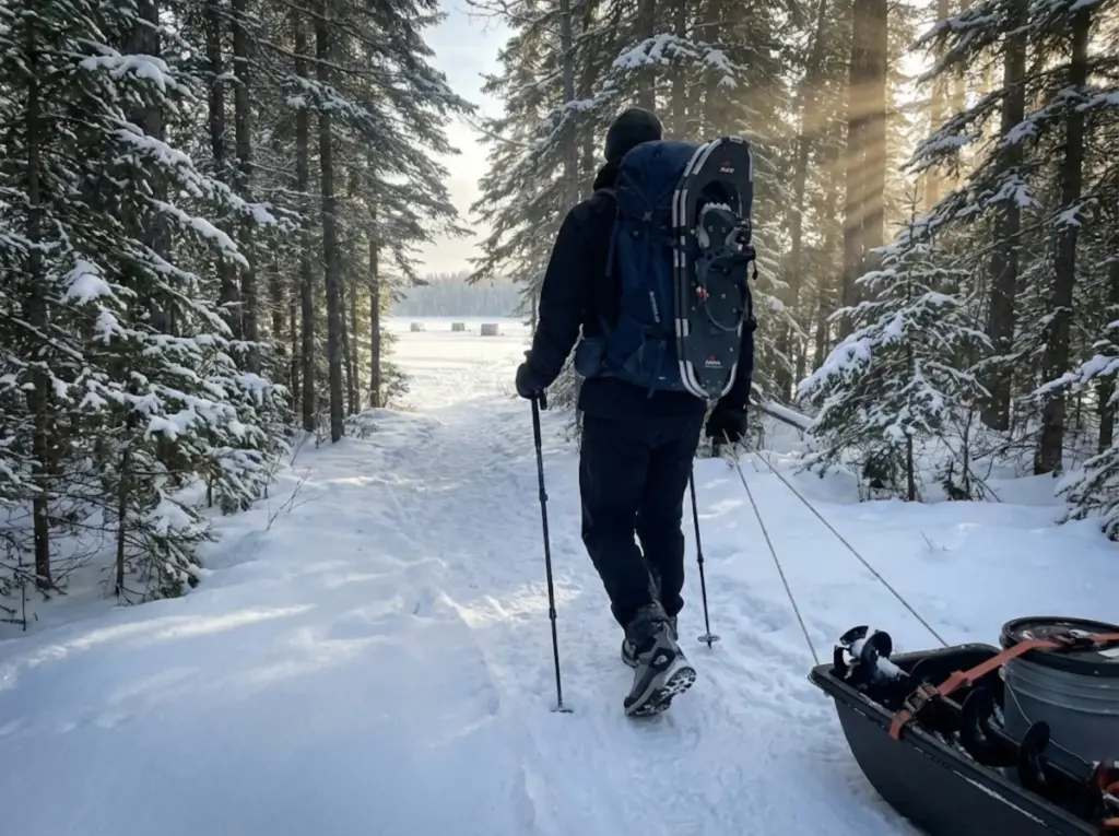 Backcountry angler hiking snowy trail with gear sled toward frozen lake for ice fishing