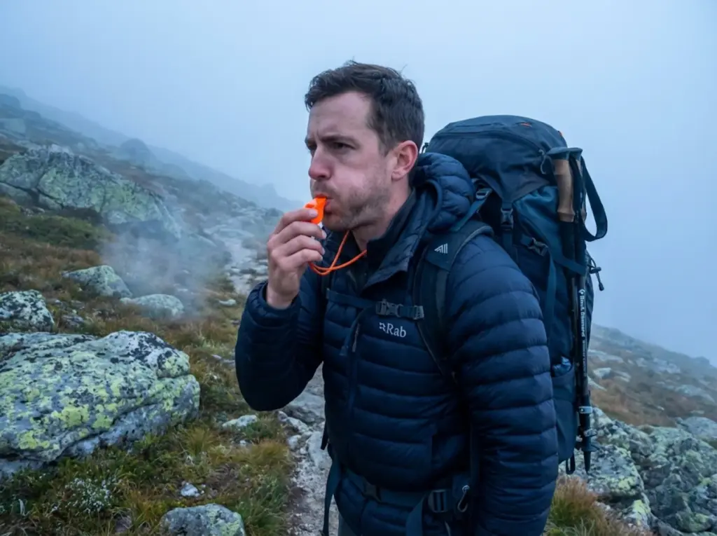 Hiker blowing an orange rescue whistle on a foggy mountain trail