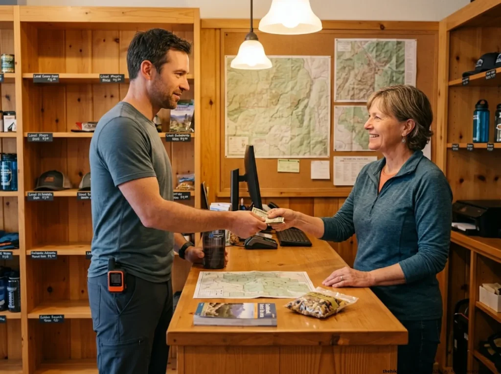 Hiker buying gear and supplies at a local independent outdoor shop, supporting trail town small businesses