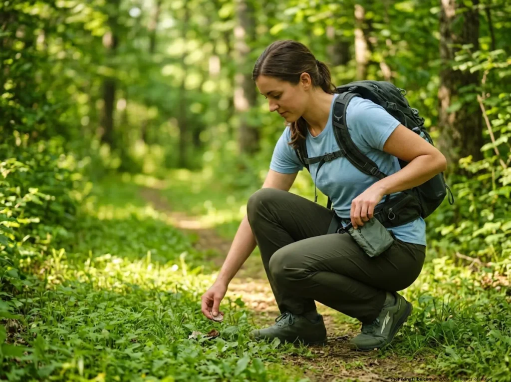 Hiker practicing Leave No Trace by packing out trash on a forest trail, protecting local trail economies 