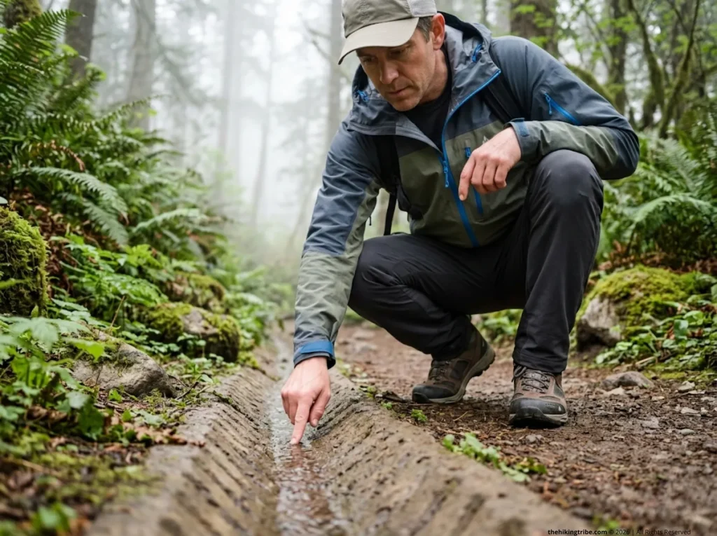 Experienced hiker crouching to read a waterbar drainage channel on a misty forested trail using trail eyes