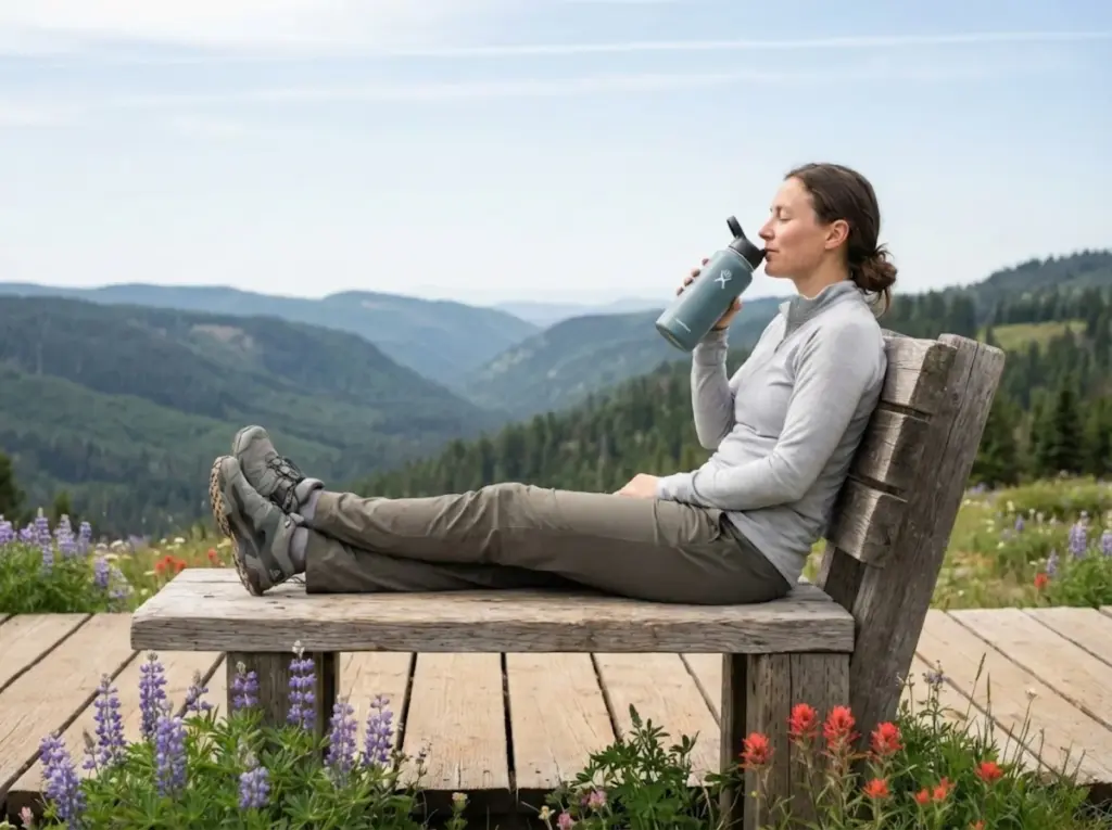 Hiker resting at a mountain trail overlook conserving energy on hike