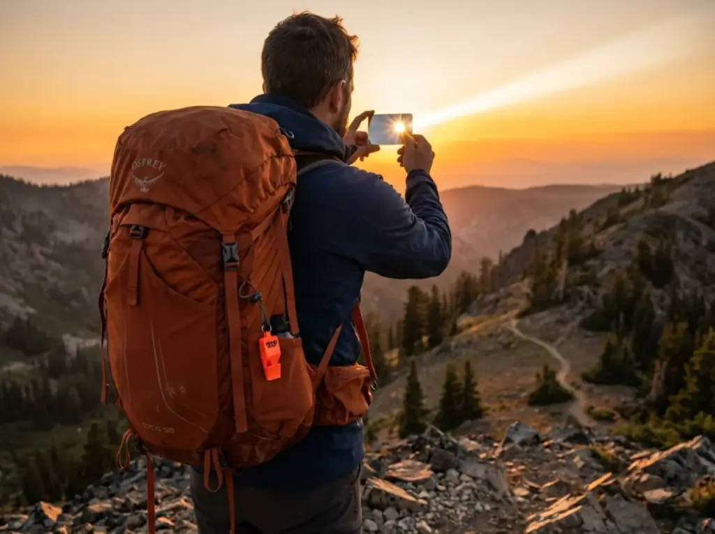 Hiker signaling for rescue with a signal mirror on a mountain ridge at golden hour