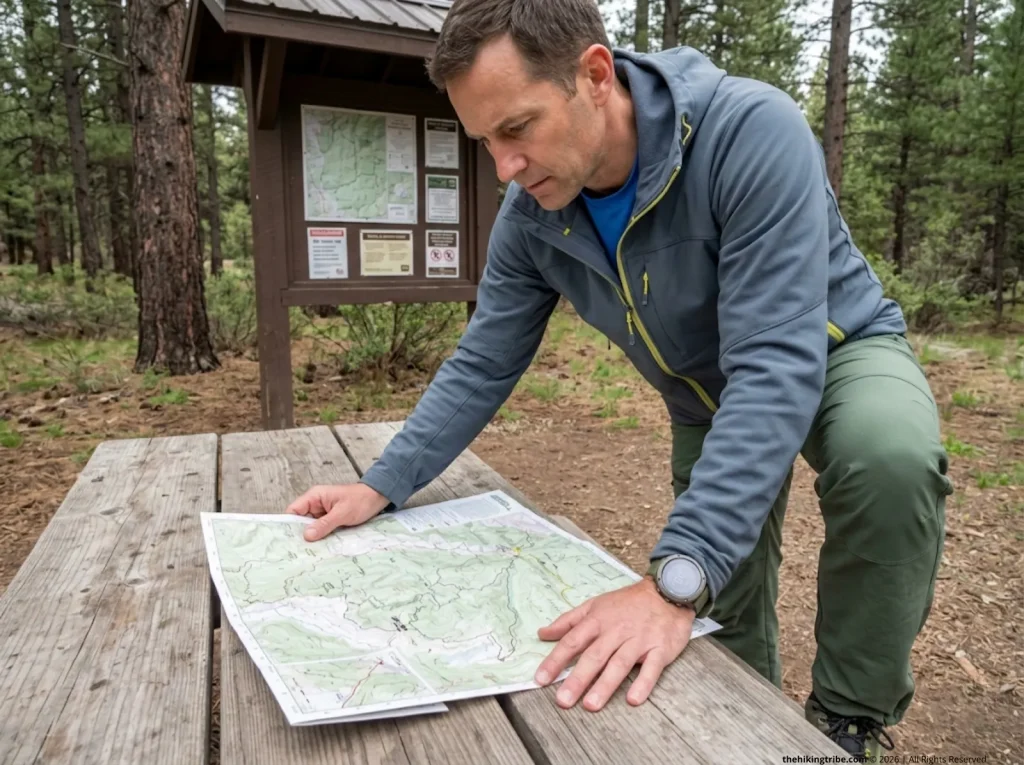 Hiker studying trail map at national forest trailhead, outdoor recreation economic contribution