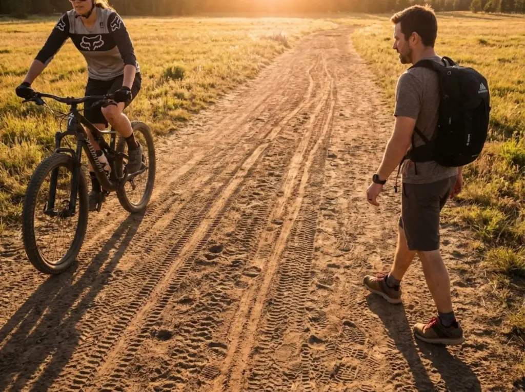 Hiker and mountain biker sharing multi-use trail showing different erosion impact patterns