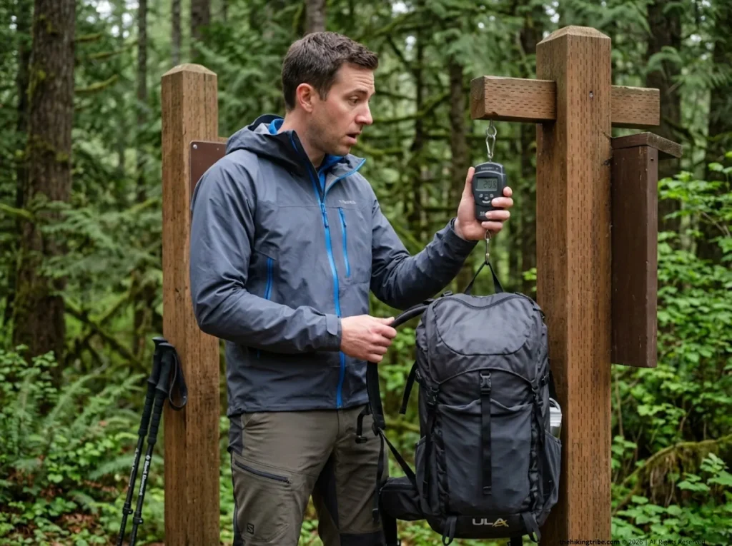 Hiker weighing loaded ULA Circuit backpack on a luggage scale at a Pacific Northwest trailhead 