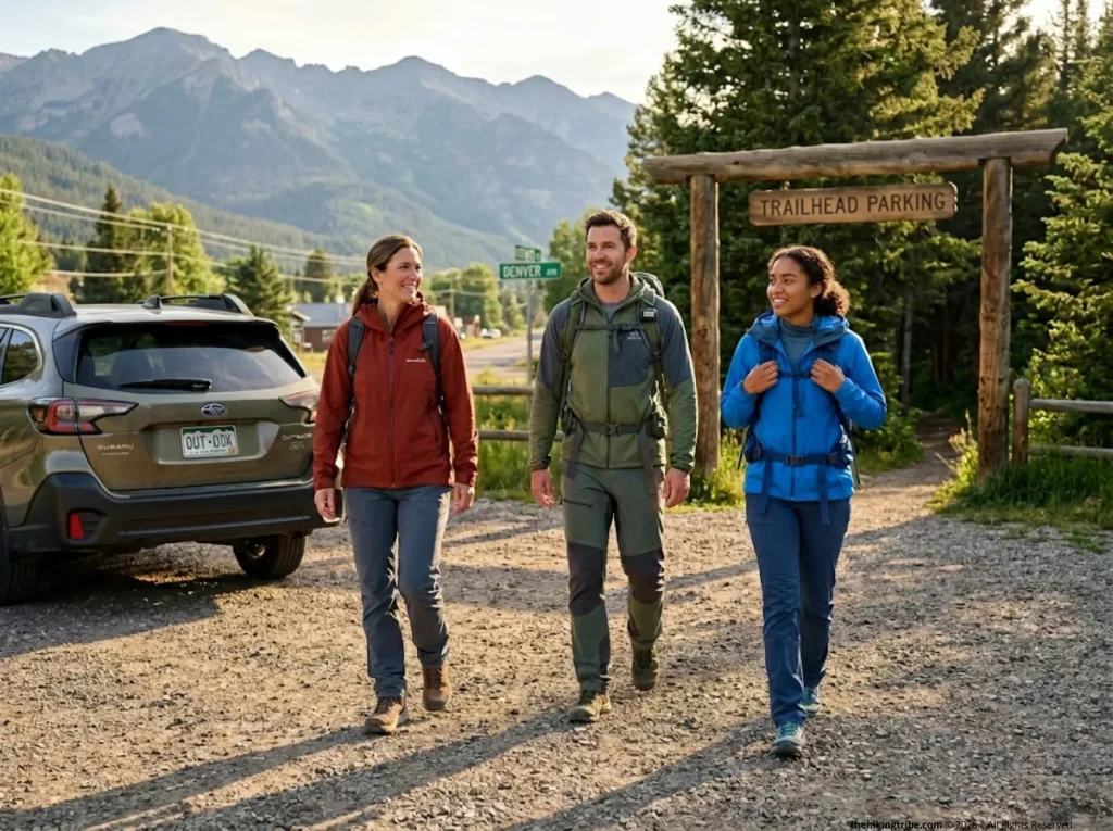 Diverse group of hikers completing a trail in a rural mountain community, outdoor recreation supporting rural economies
