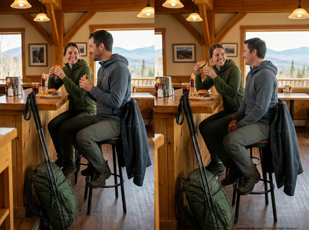 Hikers eating at a local trail town diner, visitor spending supporting gateway community economy 