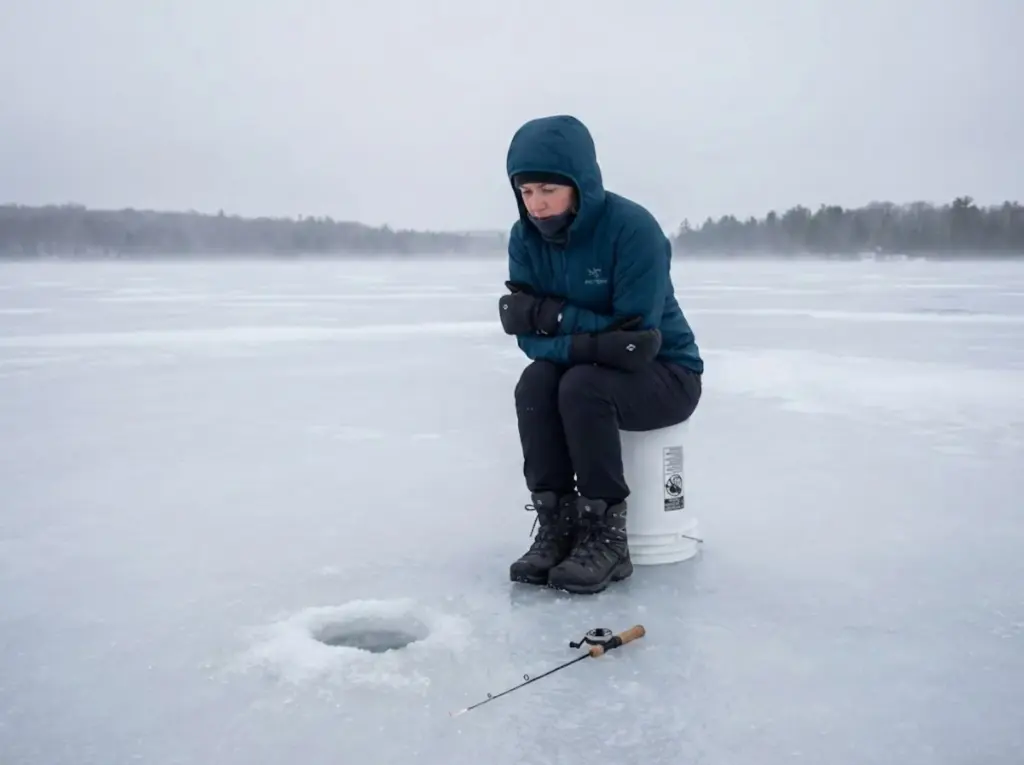 Winter hiker sitting on frozen lake in lightweight boots showing cold feet during ice fishing