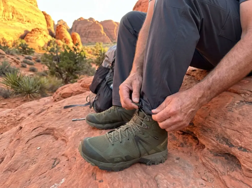 Hiker adjusting hiking pant hem cinch around mid-height boot cuff on canyon trail