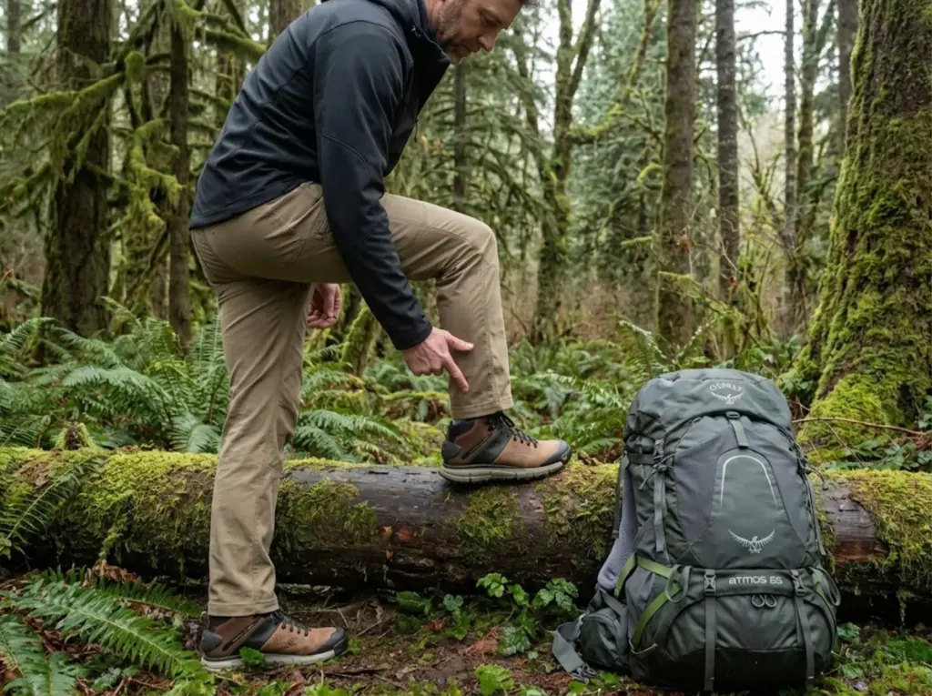 Hiker examining the gap between hiking pant hem and boot cuff on forest trail