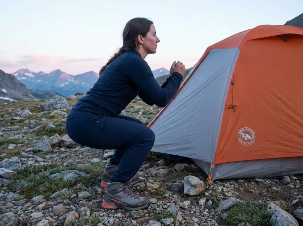 Hiker testing hiking pant fit while squatting deeply at alpine backcountry camp
