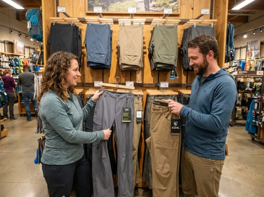 Couple comparing water-resistant and waterproof hiking pants at outdoor gear store display